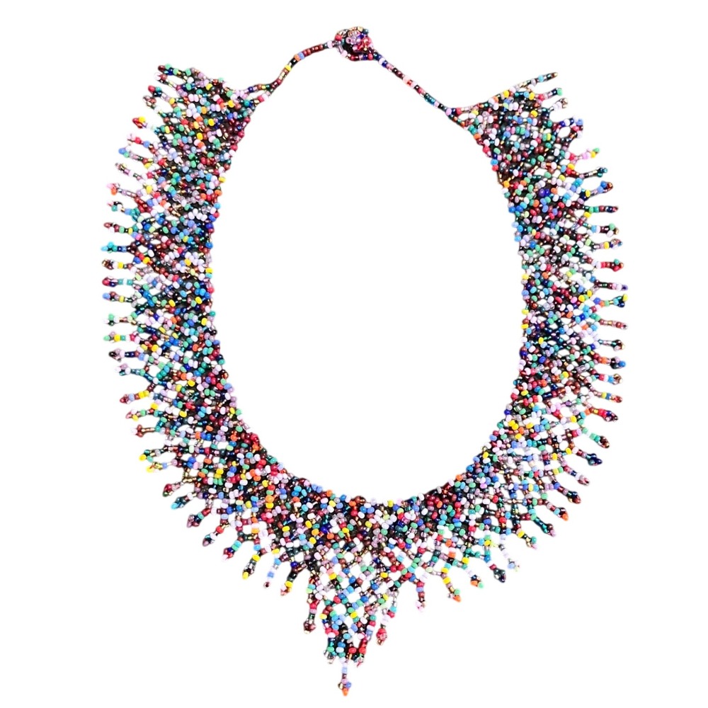Vtg Handmade Multicolored Seed Bead Fringe Collar‎ Bib Statement Necklace Boho